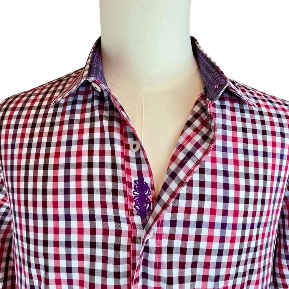 ROBERT GRAHAM Red Checked Gingham Shirt Men's Sz L Fold Back Cuffs Long Sleeve - Picture 7 of 14